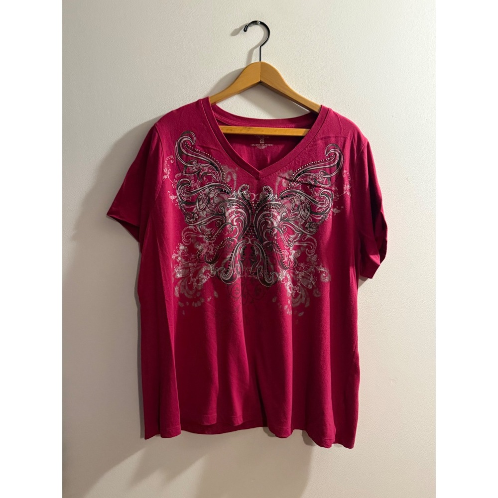 Y2K Life Style Womens 2X Pink Butterfly Graphic V-Neck T-Shirt Rhinestone